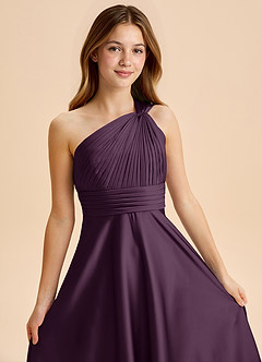Azazie Charlize Junior Plum A-Line Pleated Stretch Satin Dress image6