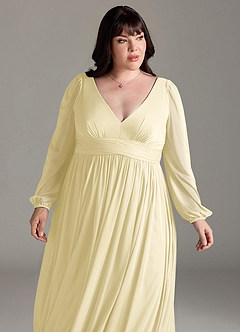 Azazie Norah Robes de demoiselle d'honneur Robe Trapèze en Mousseline de soie Col en V, manches longues Sorbet Citron image12