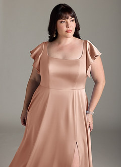 Azazie Bondi Bridesmaid Dresses Rose Gold A-Line Bow Stretch Satin Dress image11