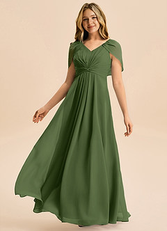 Azazie Emma Junior Robe Trapèze en Mousseline de soie Plissée Olive image4