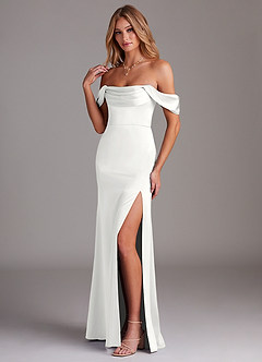 Azazie Saige Bridesmaid Dresses White Sheath Off the Shoulder Stretch Satin Dress image5