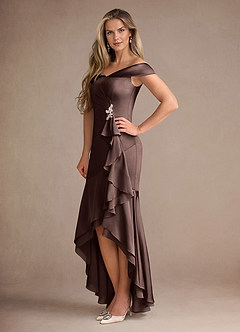 Azazie Billings Mother of the Bride Dresses Ganache Mermaid Off the Shoulder Stretch Satin Dress image2