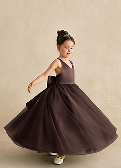 Azazie Peanut Blumenmädchenkleider A-Linie Riemen Tüll Kleid Ganache image5