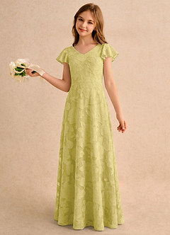 Azazie Narin Girls Formal Flower Girl Dresses Canary A-Line with Sleeves Floral Burnout Dress image1
