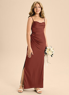 Azazie Mai Junior Robe Trapèze en Satin extensible Encolure en Forme de Cœur Auburn image3