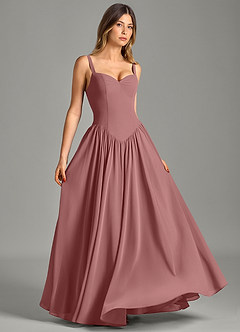 Azazie Evadina 신부 들러리 드레스 A라인 코르셋 쉬폰 바닥 길이 드레스 image3