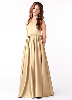 Azazie Hathaway Junior Vestido de Champán de Satén Elástico de Corte En A con Lazo image3