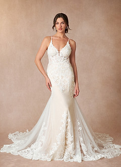 Azazie Selene Robes de mariée Robe Sirène en Dentelle Col en V Diamant Blanc Champagne image1