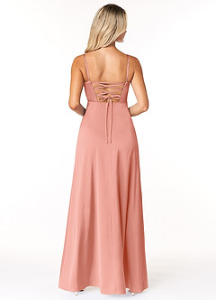 Azazie Marchella Bridesmaid Dresses Coral A-Line Corset Stretch Satin Dress image2