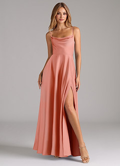 Azazie Elle Bridesmaid Dresses Coral A-Line Pleated Stretch Satin Dress image4