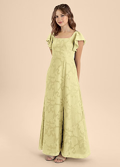 Azazie Bondi Junior Lemon Sorbet A-Line Bow Floral Burnout Dress image3