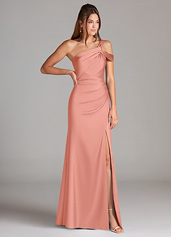 Azazie Wynter Bridesmaid Dresses Coral Sheath Off the Shoulder Stretch Satin Dress image4