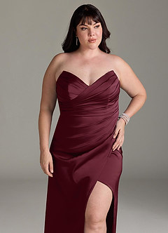 Azazie Yola Vestidos de damas de honor Vestido de Cabernet de Satén Elástico de Corte Recto Convertible con Cuello en V Plisado image13