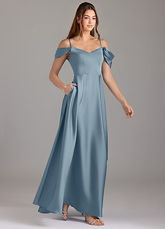 Azazie Marley Bridesmaid Dresses Dusty Blue A-Line Off the Shoulder Stretch Satin Convertible Dress image4