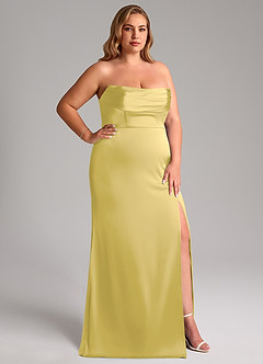 Azazie Saige Abiti da Damigella Abito Tubino in Raso Elasticizzato a Spalla Scoperta Canarino image17