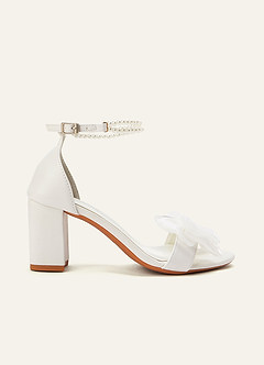 Satin Bow & Pearl Ankle Strap Block Heel Sandals