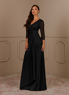 Azazie Annetta Mother of the Bride Dresses Black A-Line V-Neck Pleated Mesh Dress image2