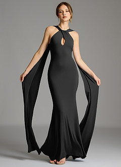 Azazie Sable 신부 들러리 드레스 인어 주름진 프리미엄 스트레치 저지 바닥 길이 드레스 image1