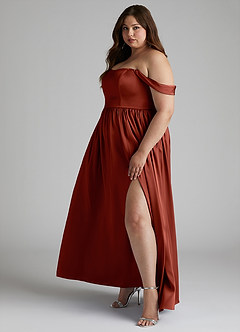 Azazie Morana Jurken voor bruidsmeisjes Converteerbaar Jurk van Stretch Satijn met A-Lijn Off the Shoulder Terracotta image13