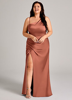 Azazie Madelyn Bridesmaid Dresses Clay Mermaid One Shoulder Stretch Satin Convertible Dress image14