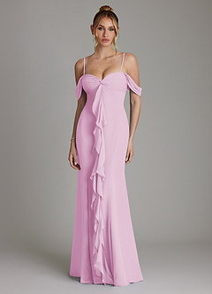 Azazie Karmela Bridesmaid Dresses Candy Pink A-Line Off the Shoulder Chiffon Dress image1