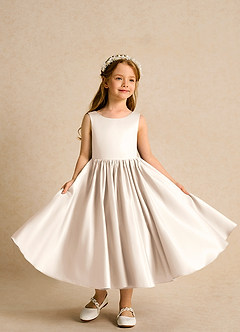 Azazie Doodlebug Blumenmädchenkleider A-Linie Schleifen Matte Satin Kleid Alabaster Weiß image4