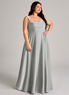 Azazie Shaude Bridesmaid Dresses Silver A-Line Pleated Stretch Satin Dress image10