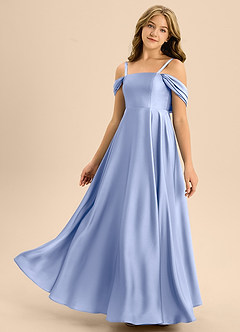 Azazie Rowena Junior A라인 절하다 스트레치 새틴 플로어 길이 주니어 신부 들러리 드레스 image6