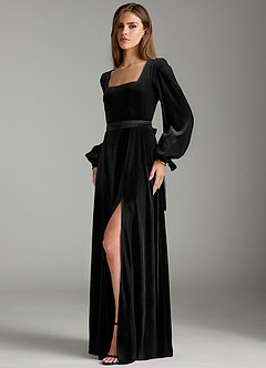 Azazie Leonia Bridesmaid Dresses Black A-Line Long Sleeve Velvet Dress image5
