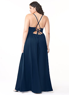 Azazie Raya Brautjungfernkleider A-Linie V-Hals Gefaltet Stretch-Satin Kleid Dunkelmarine image8