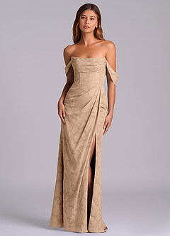 Azazie Johana 신부 들러리 드레스 인어 오프 더 숄더 플로럴 번아웃 바닥 길이 드레스 image1