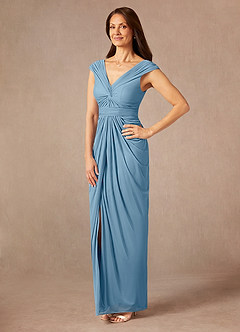 Azazie Lisolette Mother of the Bride Dresses Steel Blue Sheath Pleated Mesh Dress image3