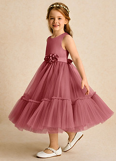 Azazie Miracle Sukienki dla dziewczynek sypiących kwiaty Linia A Ukłon Matowy satynowy Długość herbaty Sukienka image3