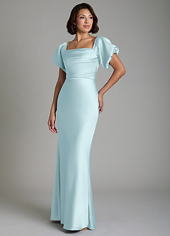 Azazie Lea Robes de demoiselle d'honneur Robe Sirène Convertible en Satin extensible Épaules dénudées Bleu Nuage image4