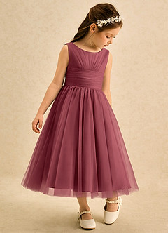 Azazie Macaron Flower Girl Dresses Merlot A-Line Pleated Tulle Dress image1