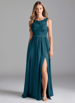 Azazie Elly Bridesmaid Dresses Ink Blue A-Line Lace Stretch Satin Dress image3