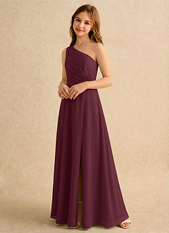 Azazie Puddles Girls Formal vestidos de niña de las flores Vestido de Cabernet de Gasa de Corte en A con Hombro unilateral image4