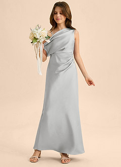 Azazie Emerson Junior Robe Fourreau en Satin extensible Épaule décolletée Argent image1