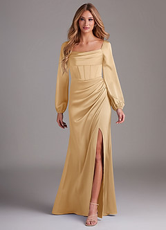 Azazie Charissa Brautjungfernkleider Etui Langarm Stretch-Satin Kleid Gold image1