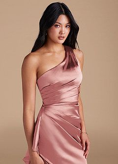 Azazie Latrice Brautjungfernkleider Etui One-Shoulder Metallischer Satin Kleid Altrosa image3