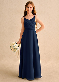 Azazie Umina Girls Formal Flower Girl Dresses Dark Navy A-Line Pleated Matte Satin Dress image5
