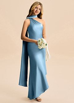 Azazie Briony Junior Etui Plissee Stretch-Satin Kleid Stahlblau image4