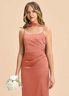 Azazie Calandra Junior Salmon Pink Sheath Pleated Stretch Satin Dress image7
