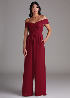 Azazie Lamara Bridesmaid Dresses Burgundy Off the Shoulder Chiffon Convertible Jumpsuit image1
