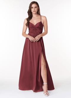 Azazie Raya Bridesmaid Dresses Merlot A-Line V-Neck Pleated Stretch Satin Dress image1
