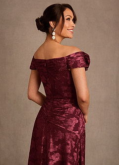 Azazie Bernadette Vestidos para mãe da noiva Vestido Cabernet de Esgotamento Floral de Linha A com Fora do ombro image5