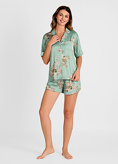 front Satin Printed Piping Pajama Set