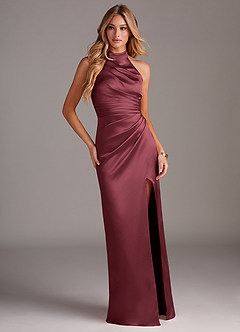 Azazie Jemma Robes de demoiselle d'honneur Robe Fourreau en Satin extensible Plissée Merlot image3