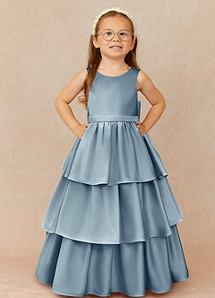 Azazie Margie Flower Girl Dresses Dusty Blue A-Line Bow Stretch Satin Dress image2