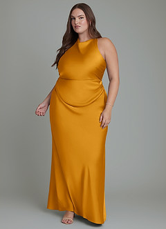 Azazie Evadne Bridesmaid Dresses Butterscotch Sheath Pleated Stretch Satin Dress image12